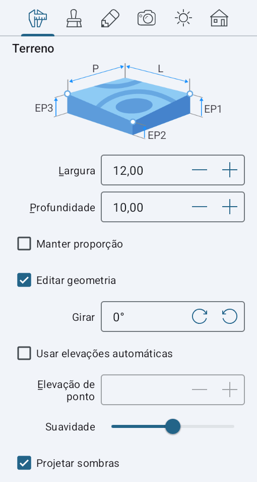 Propriedades do objeto Terreno no Inspetor.