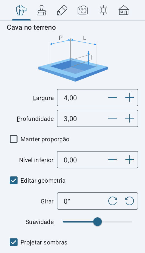 Propriedades do objeto Cava no Inspetor.