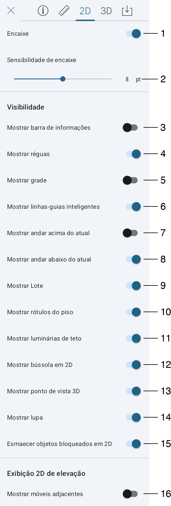Configurações da exibição 2D
