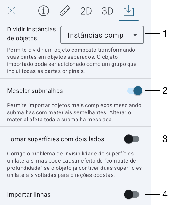 As opções de importação