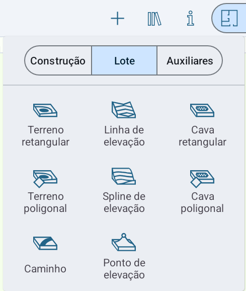 Menu pop-up com as ferramentas do Lote.
