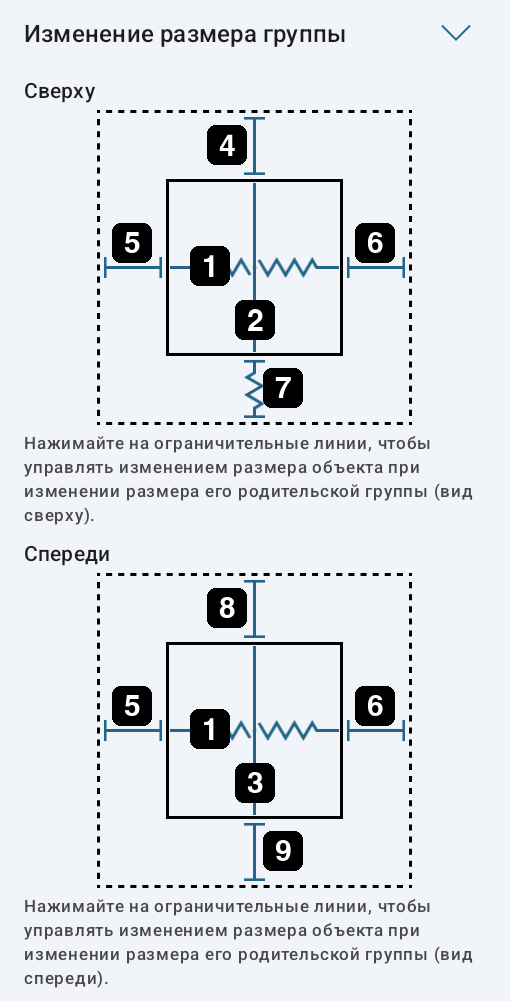 Параметры размеров и расстояний в настройках изменения размера группы.
