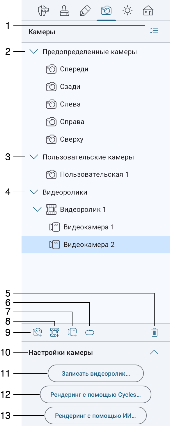 Вкладка «Параметры камеры» в Инспекторе