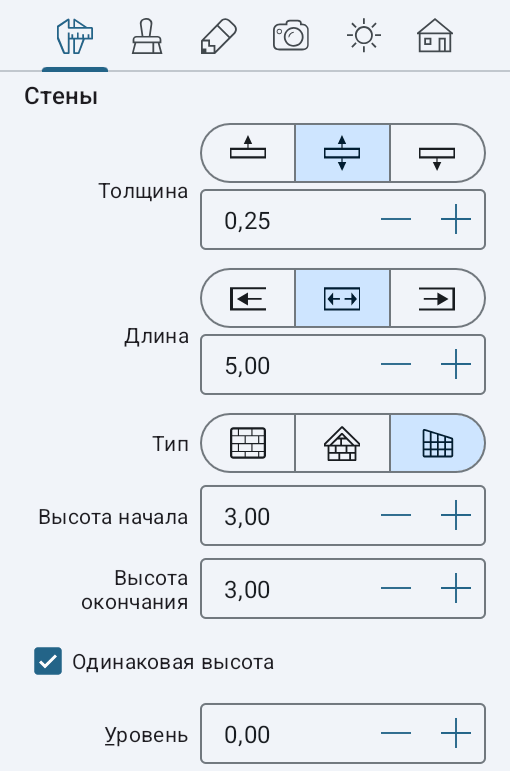 Параметры навесной стены в Инспекторе.