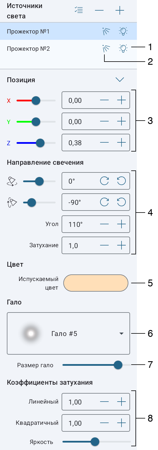 Панель свойств источника света