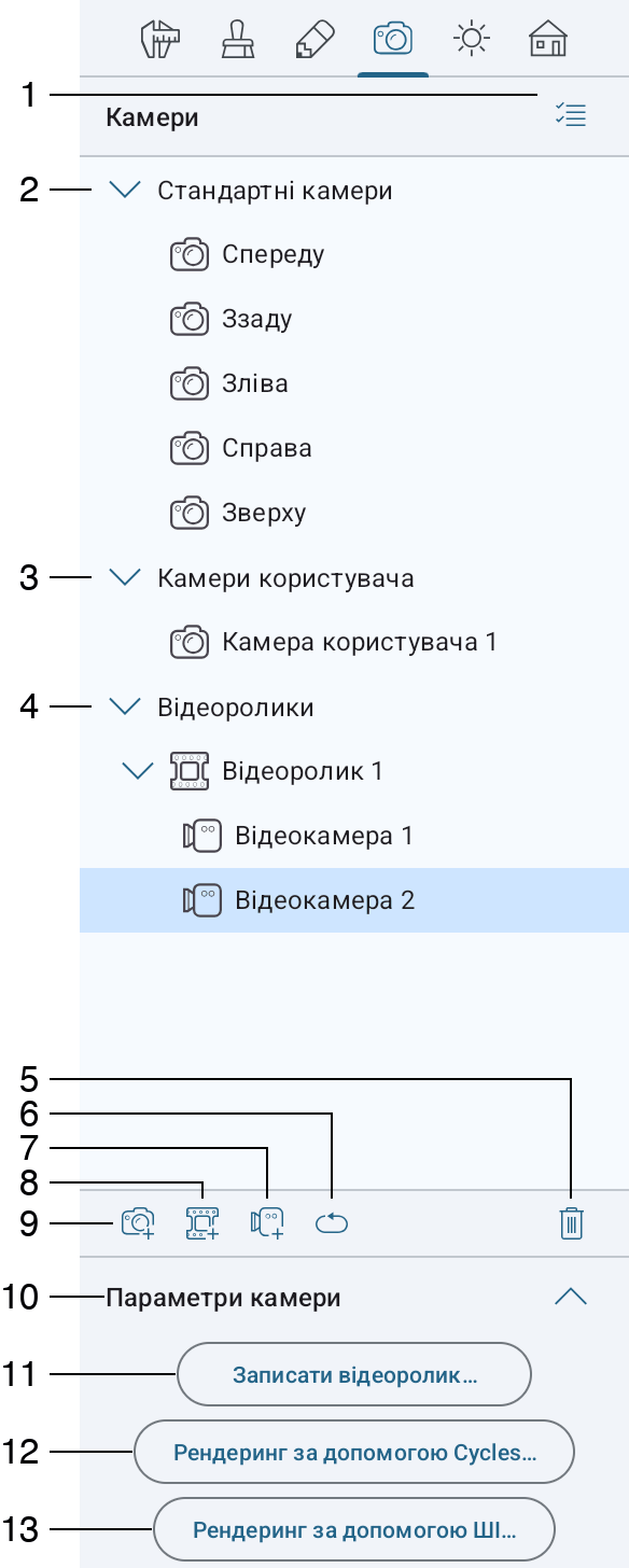 Вкладка «Параметри камер» в Інспекторі