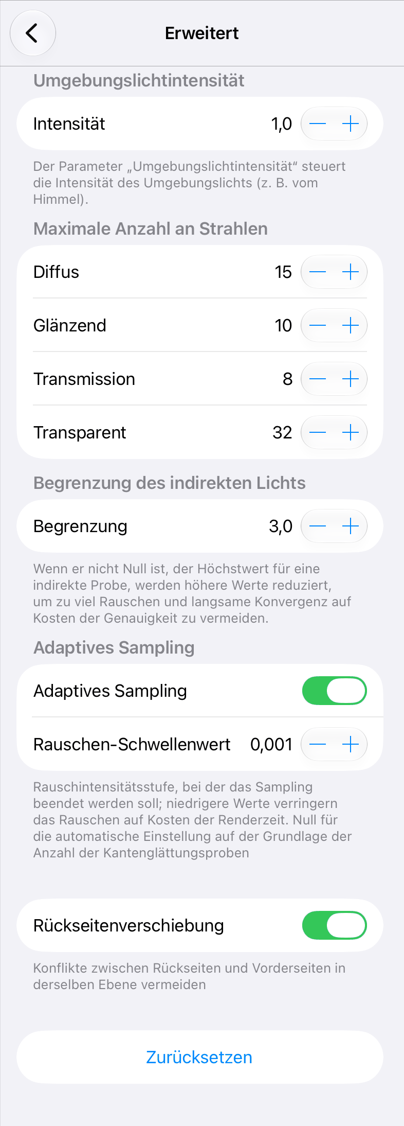 Erweiterte Einstellungen für den Renderer Cycles