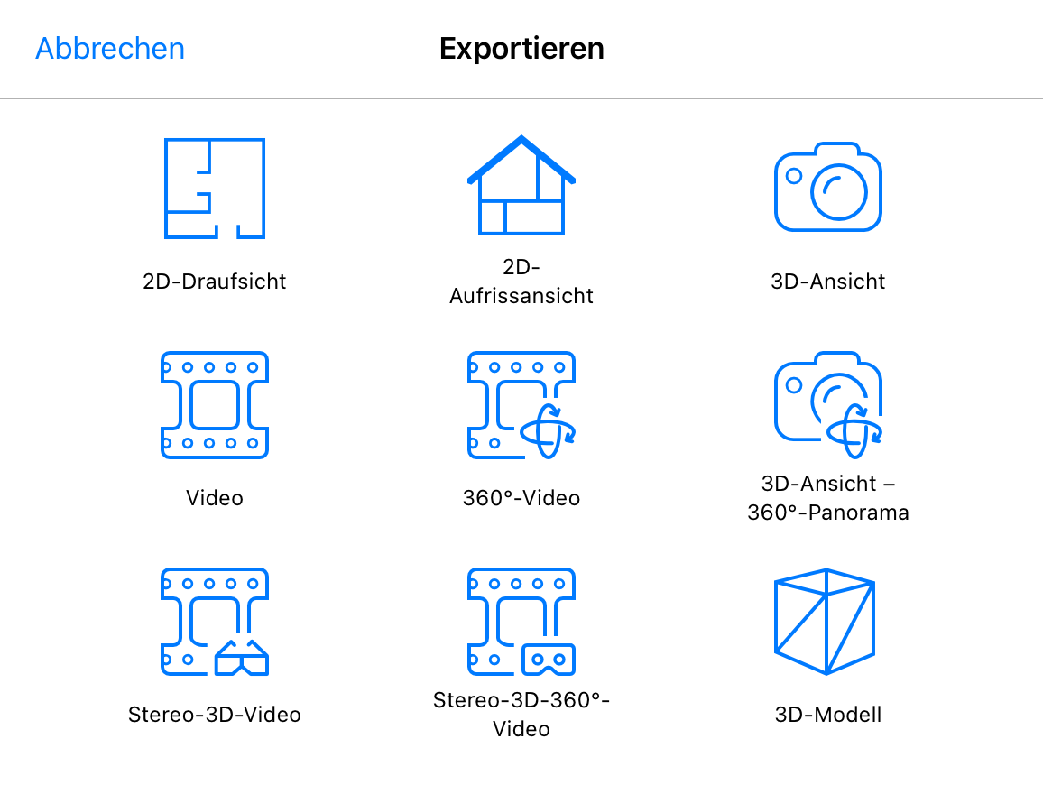 In der Überblendung „Exportieren“ werden der Grundriss, die 3D-Ansicht und weitere Exportoptionen aufgelistet.