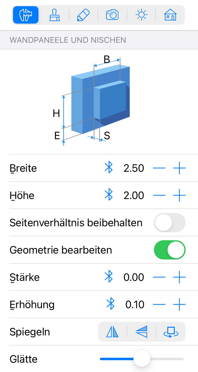 Parameter von Nischen und Wandpaneelen