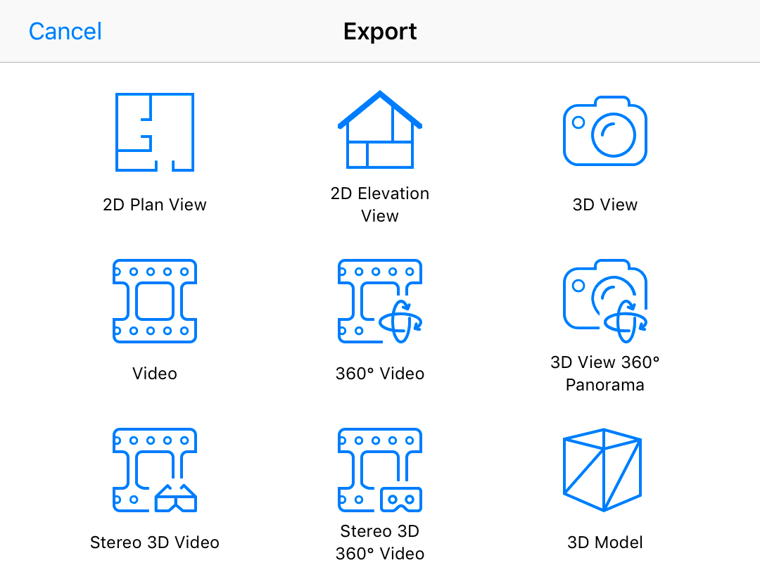 The Export popover lists the floor plan, 3D view and other export options.
