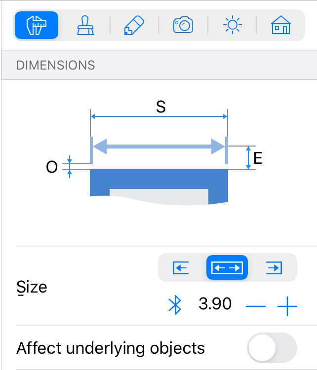 The Inspector has buttons near text fields to insert measured values