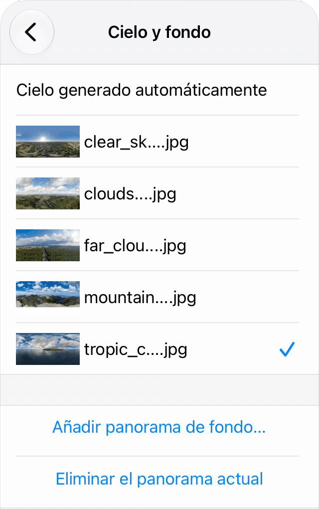Menú del panorama de fondo.