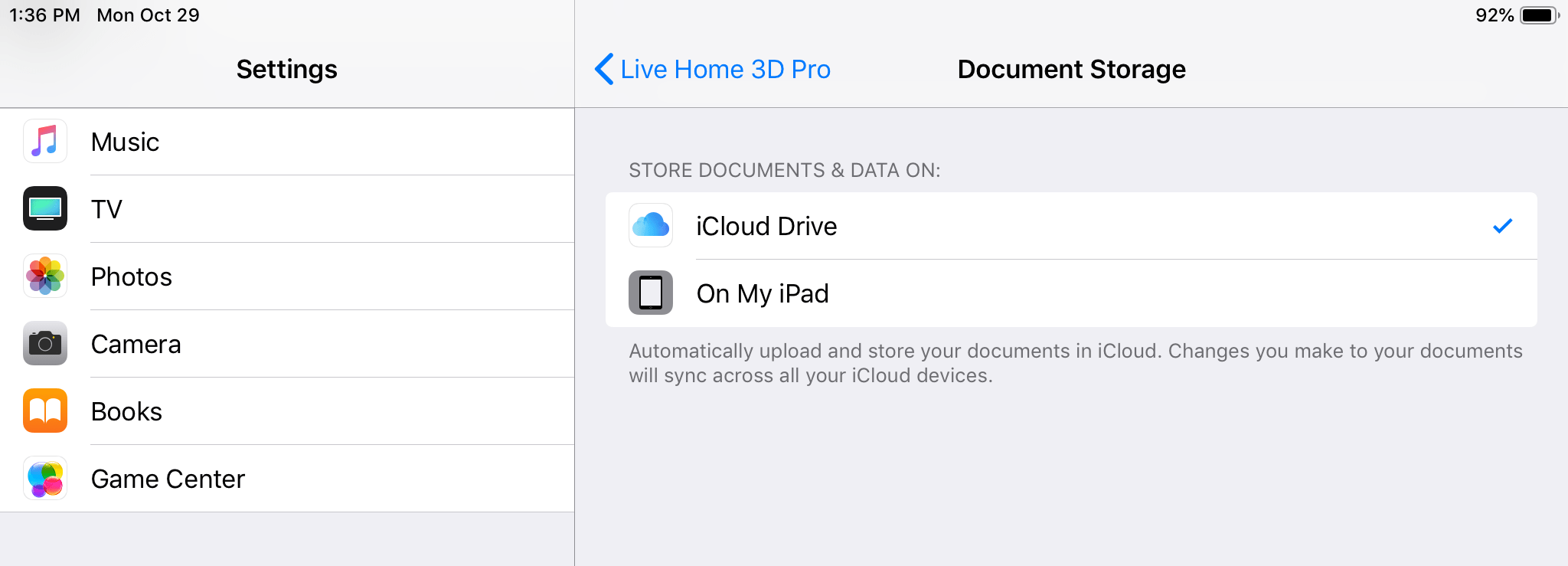 Lista de opciones de almacenamiento en los «Ajustes» de Live Home 3D