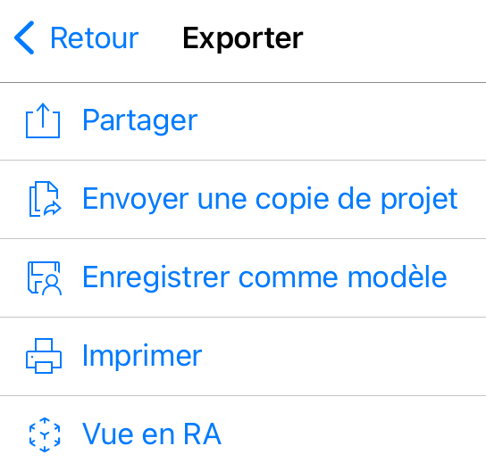 Commande de visualisation en réalité augmentée dans le menu Exporter.