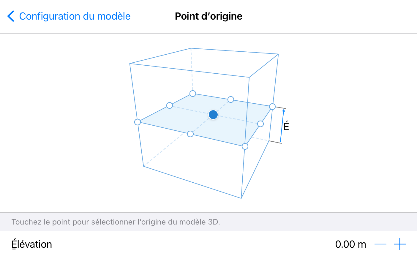 Paramètres permettant de définir le point d’origine et l’élévation du modèle 3D en RA.