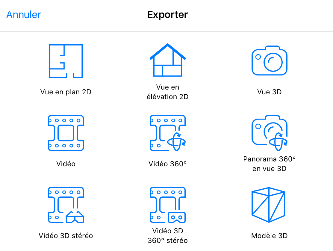La fenêtre locale Exporter indique le plan, la vue 3D et d’autres options d’exportation.