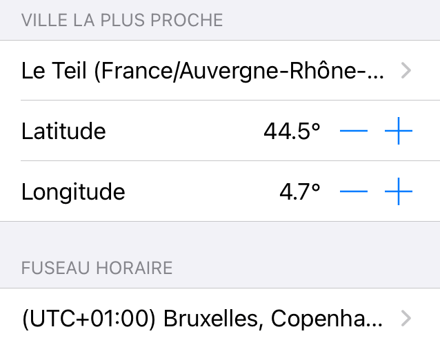 L’écran Géolocalisation vous permet de déterminer la position géographique et le fuseau horaire