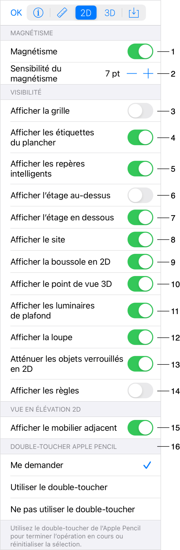 Paramètres de vue 2D