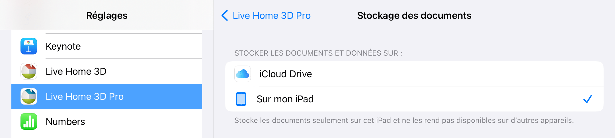 Liste des options de stockage dans les paramètres de Live Home 3D