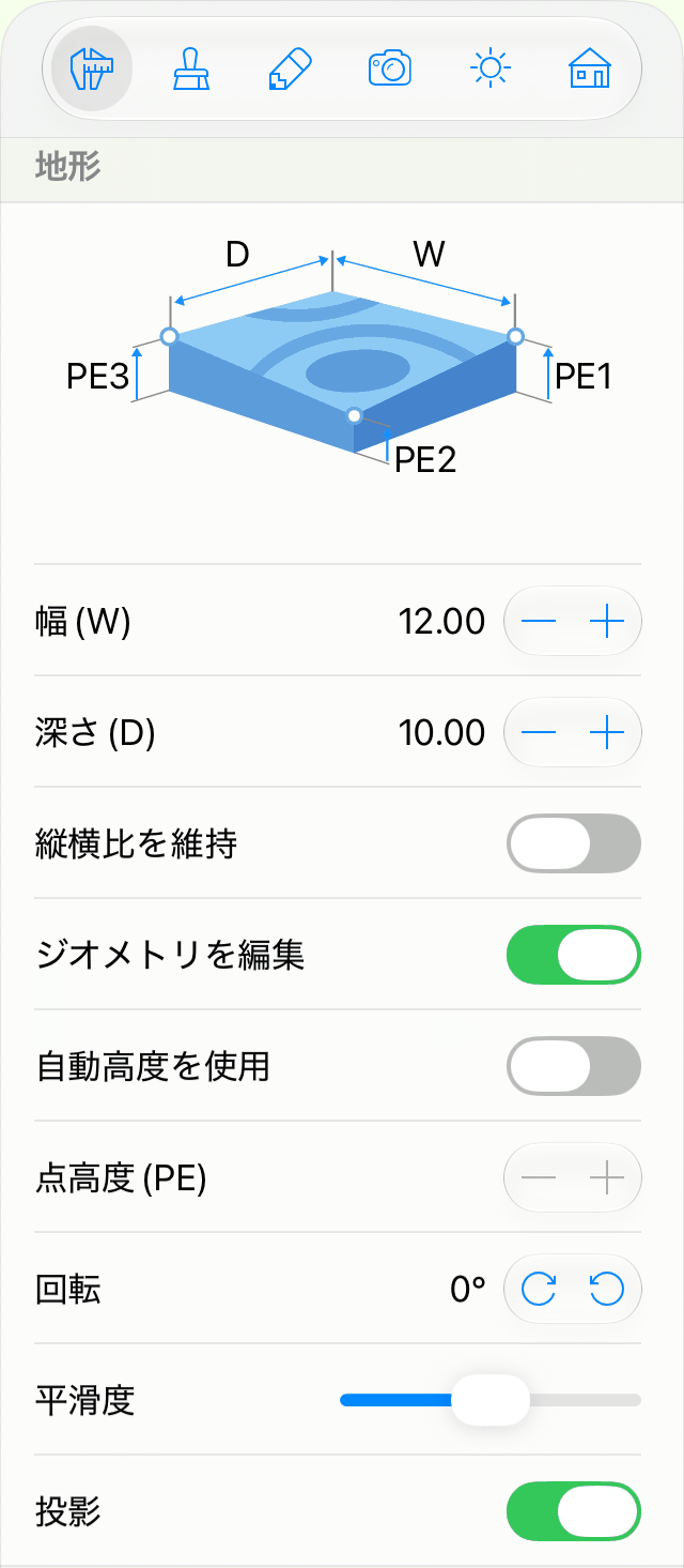 インスペクタの地形オブジェクトのプロパティ。