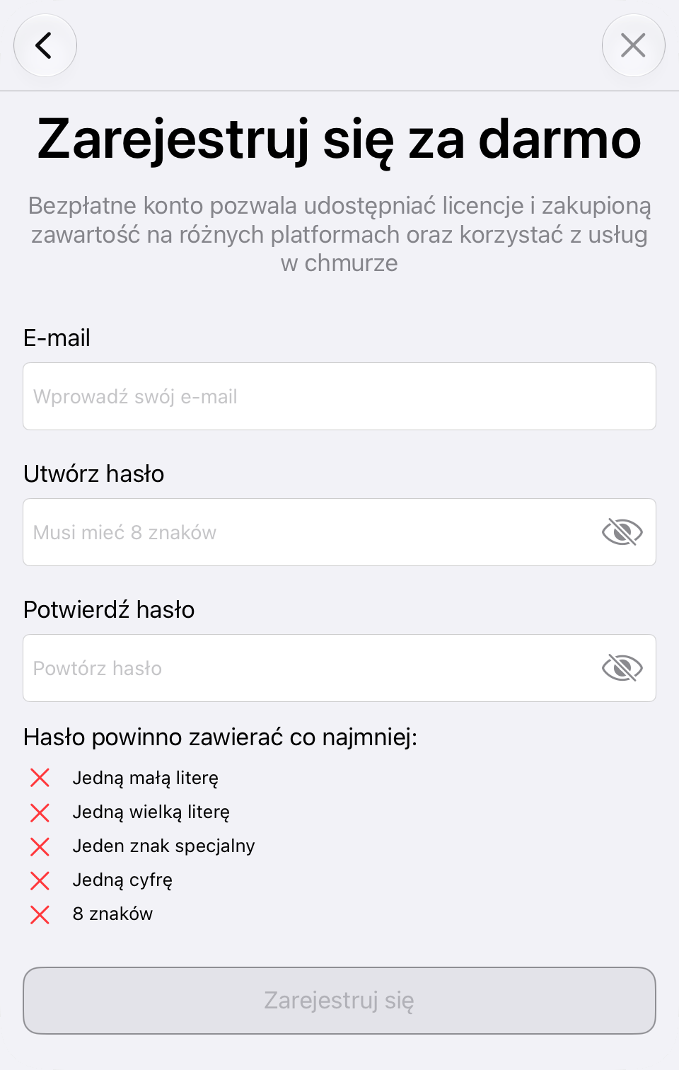 Okno bezpłatnej rejestracji