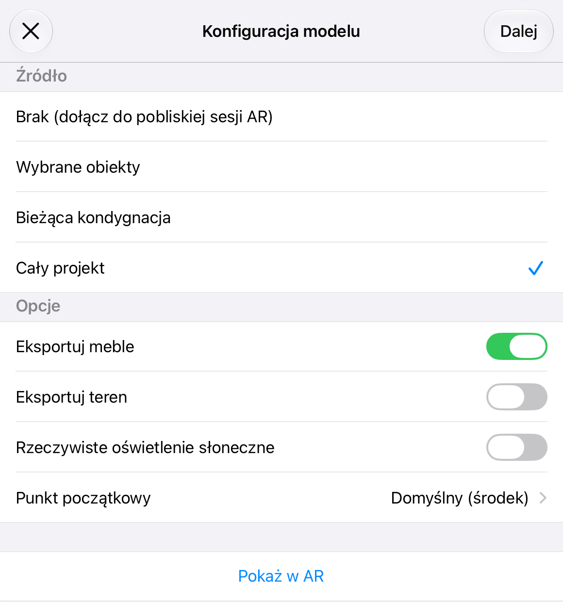 Wybór części projektu, która ma być pokazana w AR.