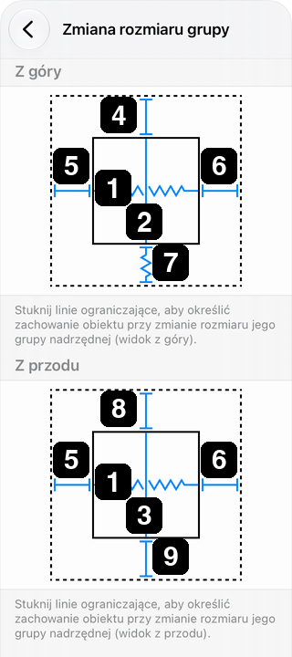 Opcje rozmiaru i odległości w ustawieniach zmiany rozmiaru grupy.