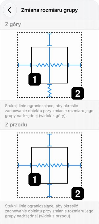 Uproszczone granice obiektu i grupy w ustawieniach zmiany rozmiaru grupy.