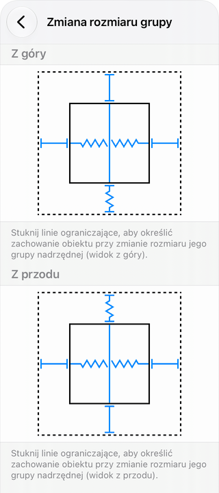 Ustawienia zmiany rozmiaru grupy dla sofy.