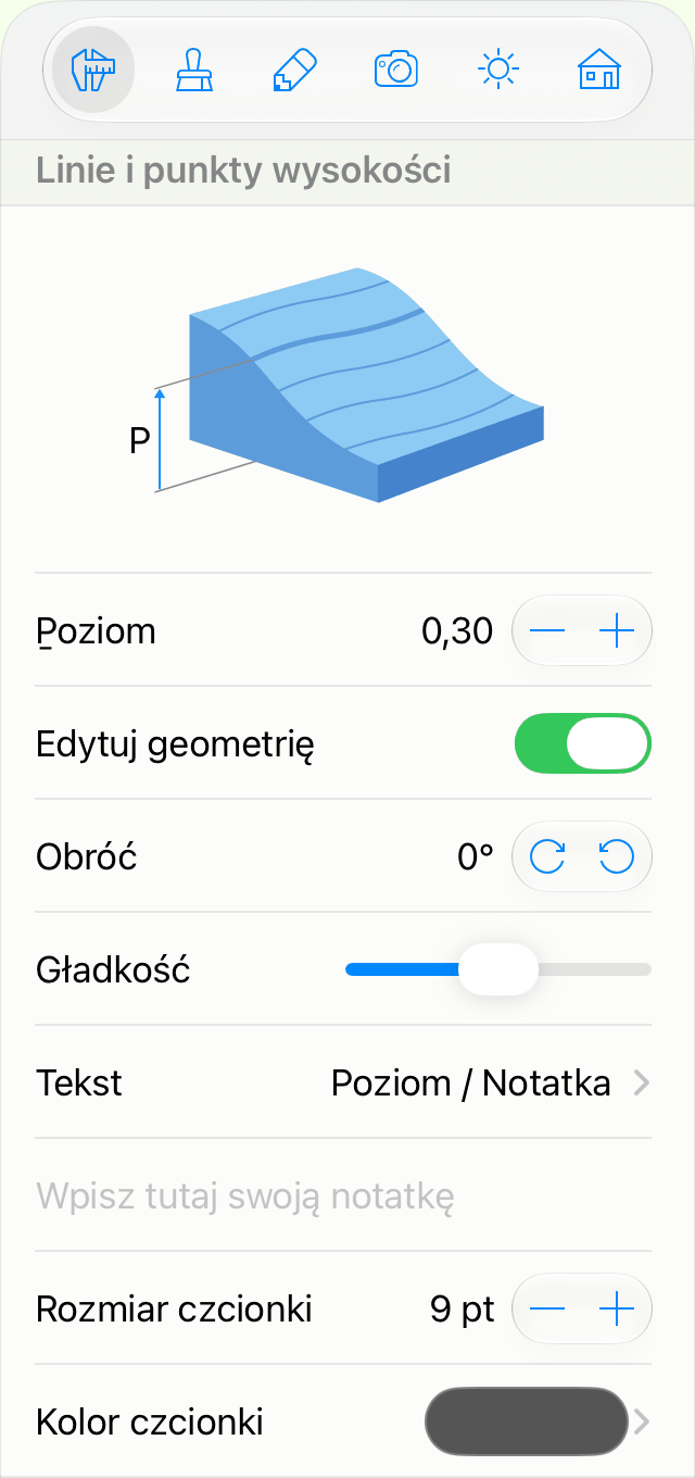 Właściwości obiektu Linia poziomicowa w Inspektorze.