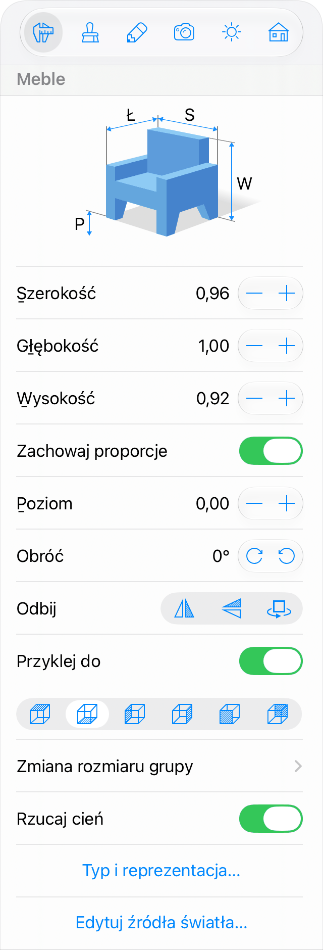 Parametry mebli