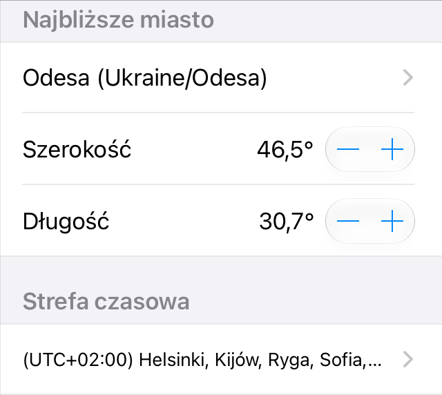 Ekran Geolokalizacja do ustawiania lokalizacji i strefy czasowej