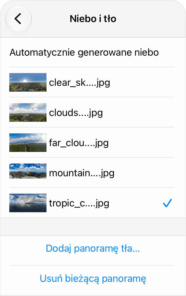 Menu panoramy tła.