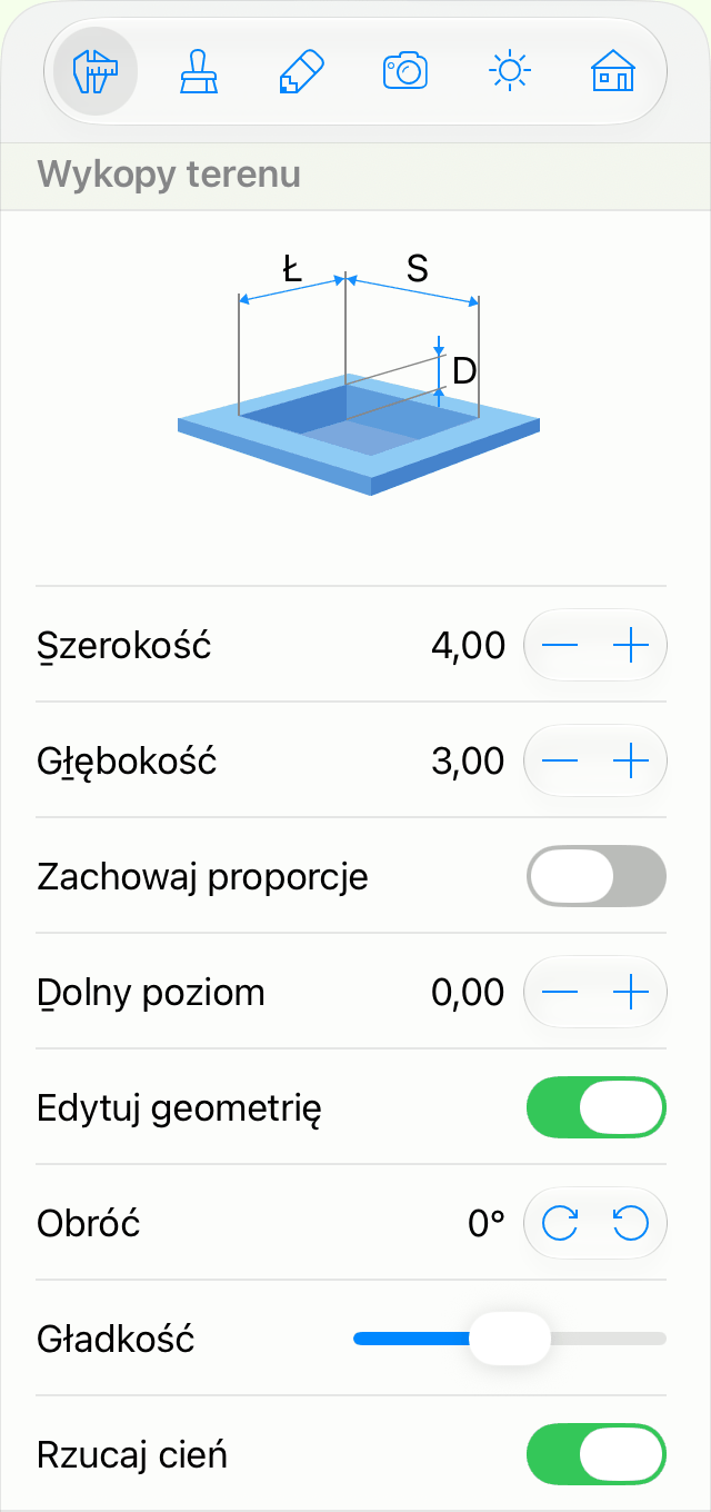 Właściwości obiektu Wykop w Inspektorze.
