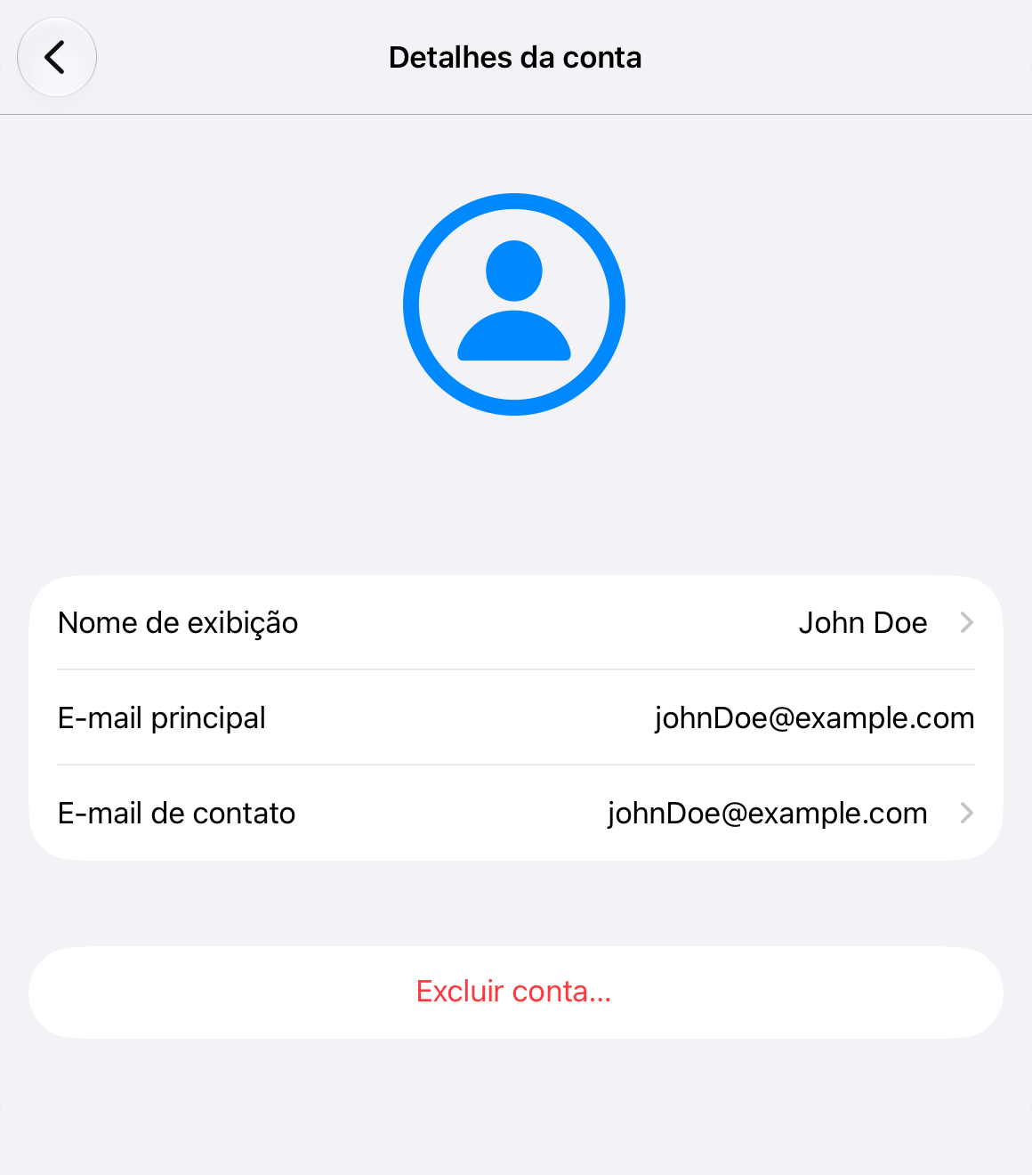 A seção Detalhes da conta