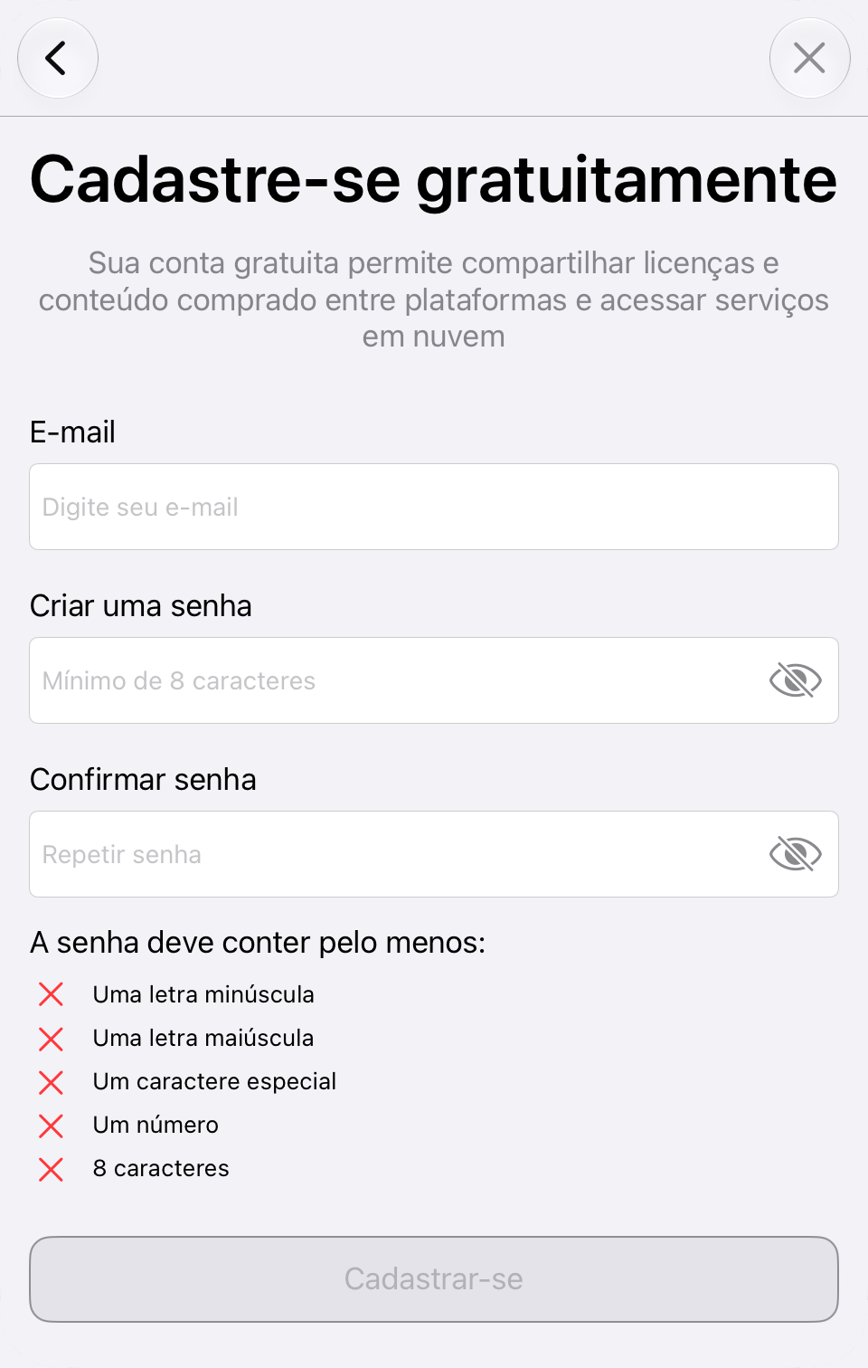 A caixa de diálogo de cadastro gratuito