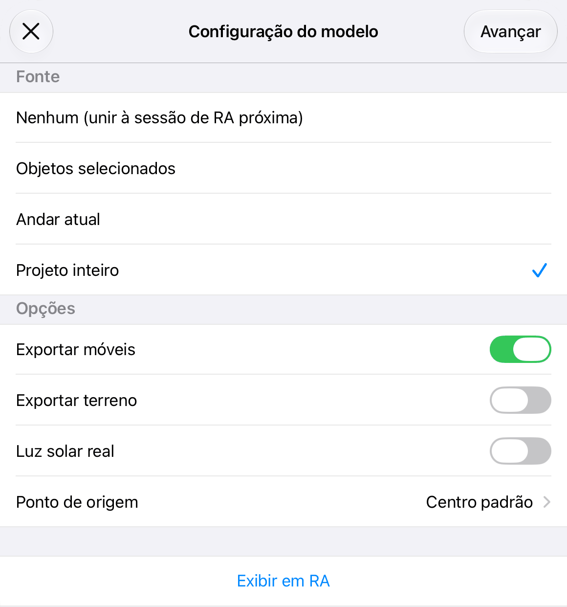Escolha qual parte do projeto deve ser mostrada em RA.