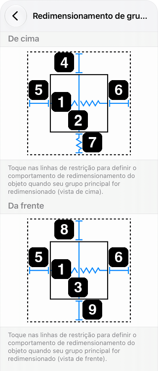 Opções de tamanho e distância nas configurações de redimensionamento de grupo.