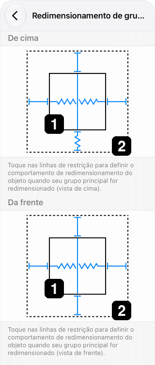 Os limites simplificados do objeto e do grupo nas configurações de redimensionamento de grupo.