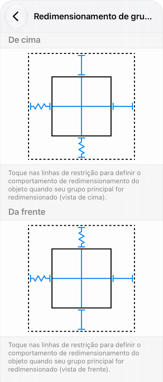 Configurações de redimensionamento de grupo da poltrona.