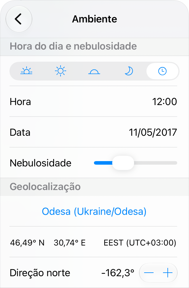 Configurações de luz do dia.