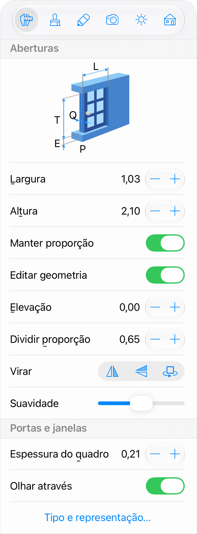 Propriedades de portas, janelas e aberturas