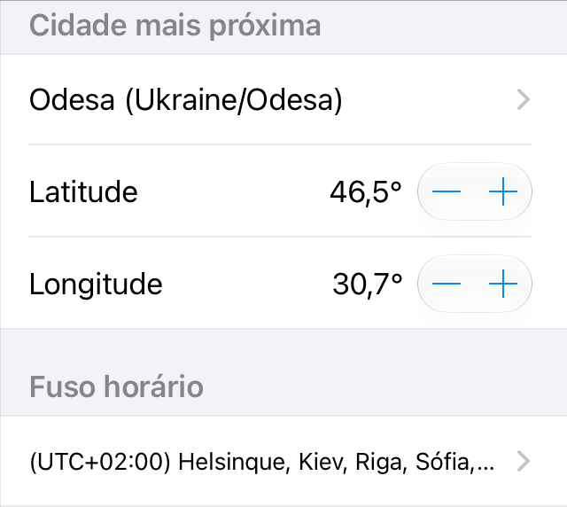 Tela de Geolocalização para configurar a localização e o fuso horário