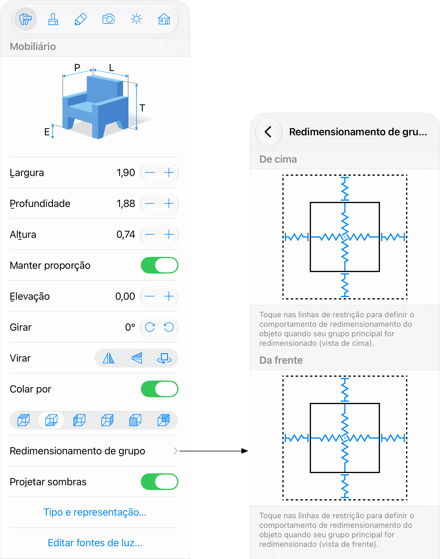 O Inspetor com as configurações de redimensionamento de grupo.