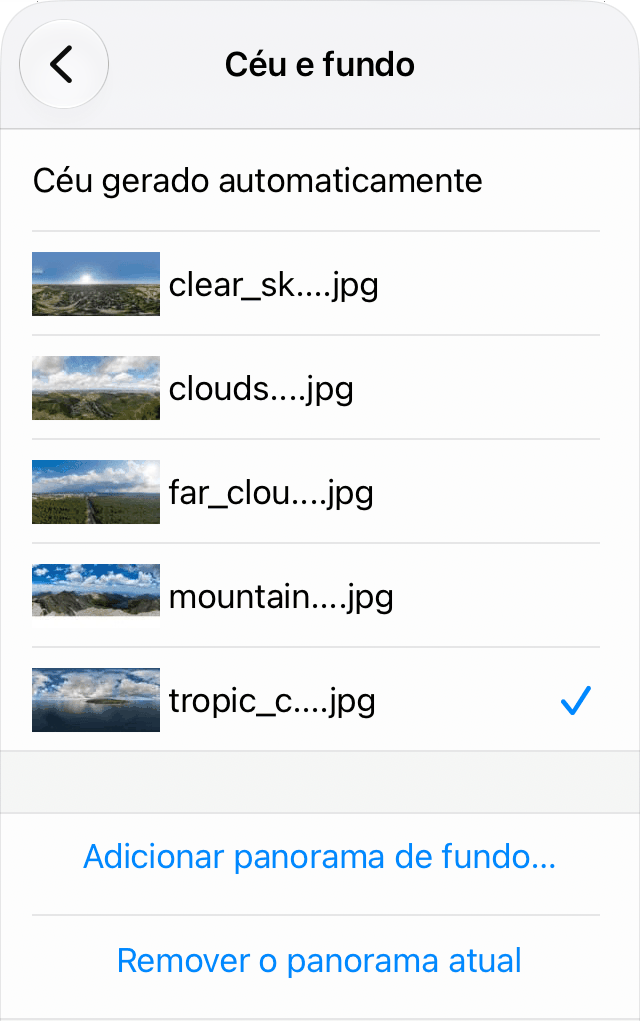 Menu do panorama de fundo.