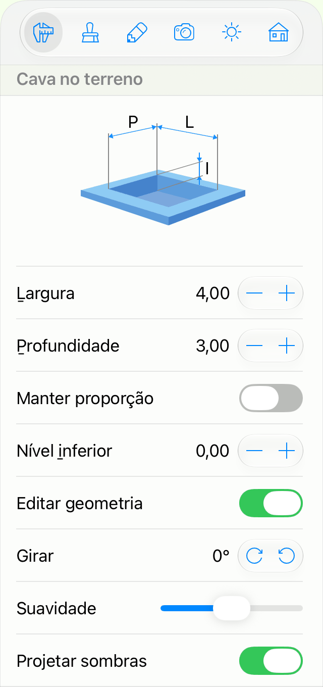 Propriedades do objeto Cava no Inspetor.