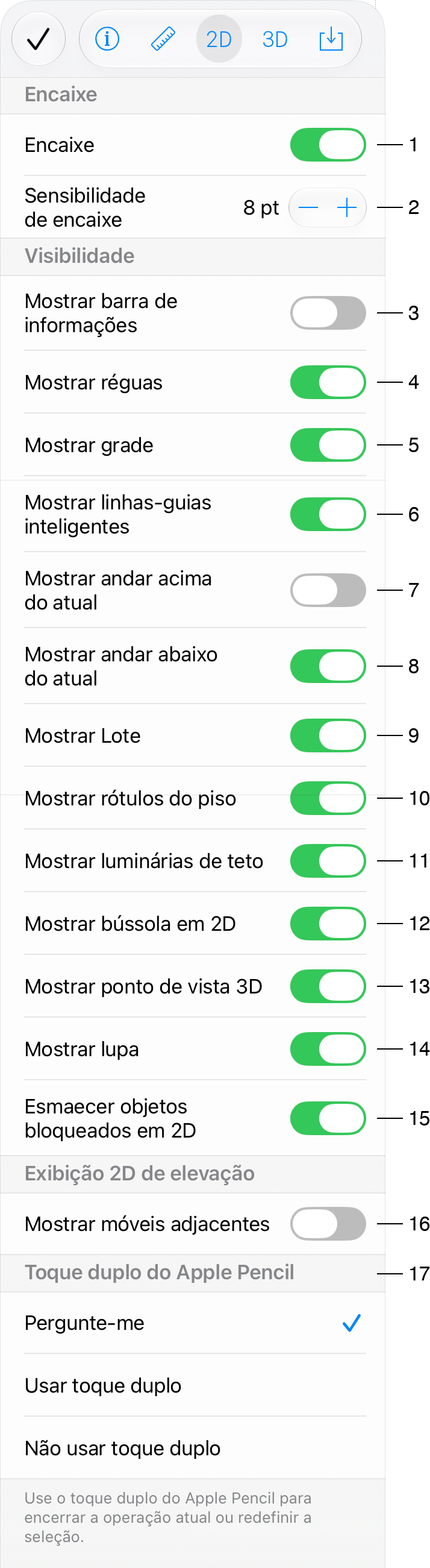 Configurações da exibição 2D