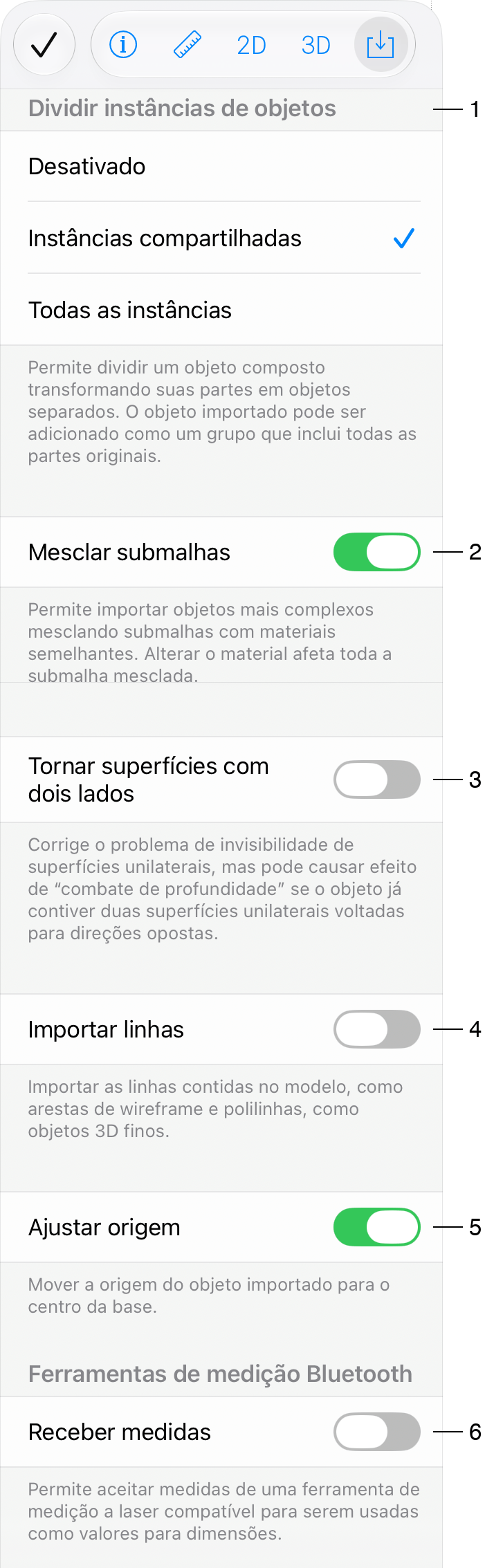 As opções de importação