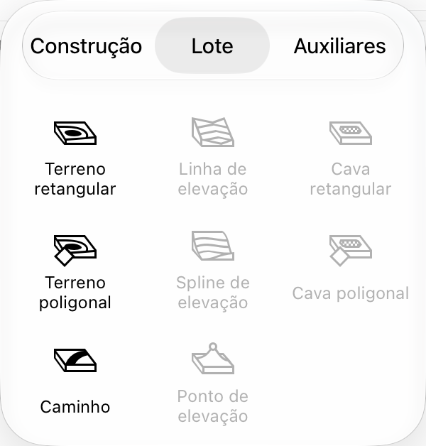 Menu pop-up com as ferramentas do Lote.
