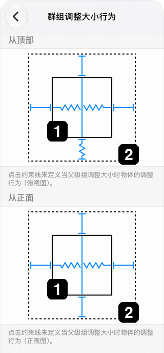 群组调整大小行为设置中对象与群组的简化边界。